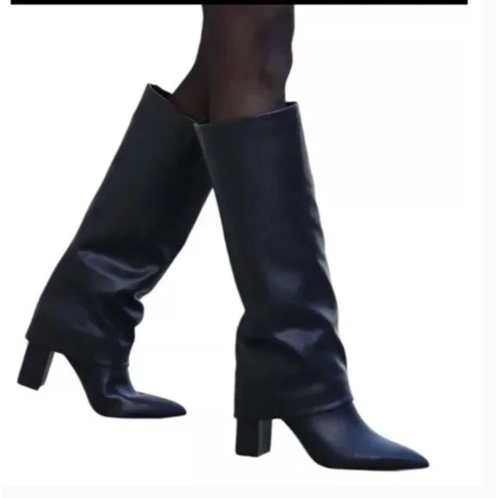 Marc Fisher Black Pointed-Toe Knee-High Block Heel Boots - Picture 4 of 13